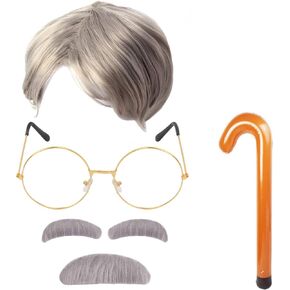 Yewong Old Man Costume Grandpa Accessories Set Old Man Wig and Glasses Inflatable Walking Moustache and Eyebrows for Old Grandpa Cosplay (Set A) in Kuwait