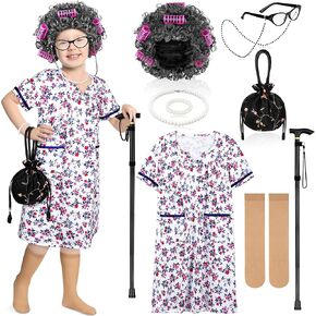 AOTHSO 9 Pieces 100 Days of School Toddler Old Lady Costume Kids Girl Grandma Dress Granny Costume Dress Up Outfit Cosplay in Kuwait