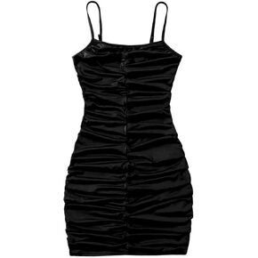 EXARUS Girls Spaghetti Strap Bodycon Tight Mini Short Dress V Neck Summer Sleeveless Ruched Pencil Dresses