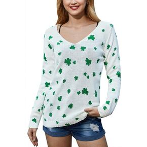 For G and PL Womens St. Patrick's Day Clover Print Irish Long Sleeve Pullover Sweater