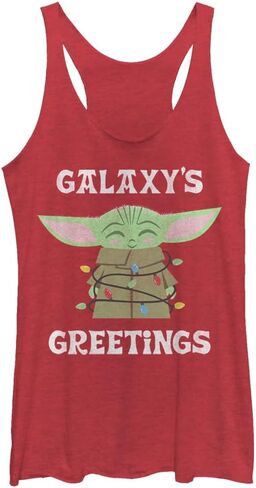 Star Wars Mandalorian Christmas Child Galaxy's Greetings Juniors Tri Blend Tank, Red Heather, Small in Saudi Arabia