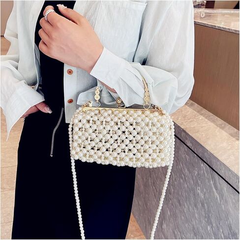 CREHNIL White Pearl Clutch Purse Bag For Women Evening Handbags Cute Kiss Lock Crossbody Handle Beaded Purses in Kuwait