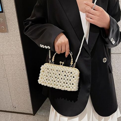 CREHNIL White Pearl Clutch Purse Bag For Women Evening Handbags Cute Kiss Lock Crossbody Handle Beaded Purses in Kuwait