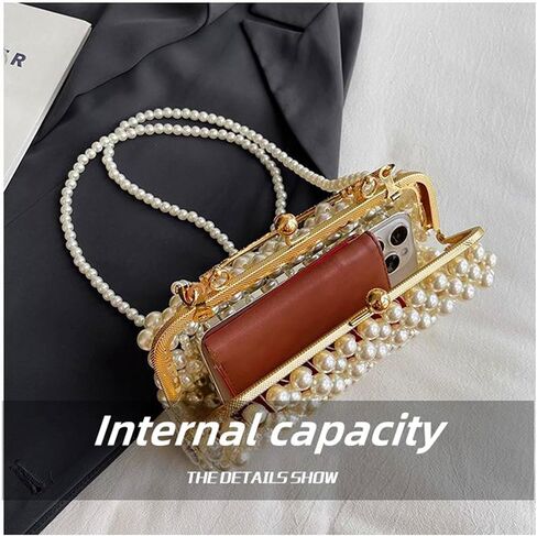 CREHNIL White Pearl Clutch Purse Bag For Women Evening Handbags Cute Kiss Lock Crossbody Handle Beaded Purses in Kuwait