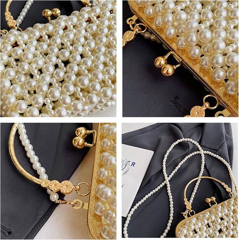 CREHNIL White Pearl Clutch Purse Bag For Women Evening Handbags Cute Kiss Lock Crossbody Handle Beaded Purses in Kuwait