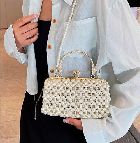 CREHNIL White Pearl Clutch Purse Bag For Women Evening Handbags Cute Kiss Lock Crossbody Handle Beaded Purses in Kuwait