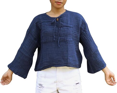 Was Then Is Now Ladies Cotton Shirt Collar Tied Front Cross Long Sleeve in Saudi Arabia