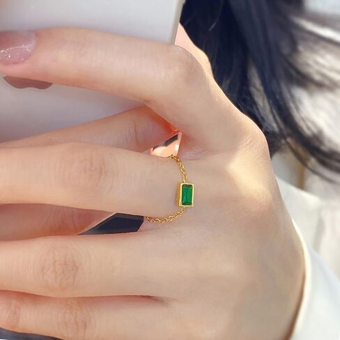 Kokoma Green Crystal Sterling Silver Ring for Girls Women Cubic Zirconia Square Diamond Link Chain Stacking Ring Dangling Charm Coin Statement Rings Adjustable Finger Band, Crystal, Cubic Zirconia in Saudi Arabia