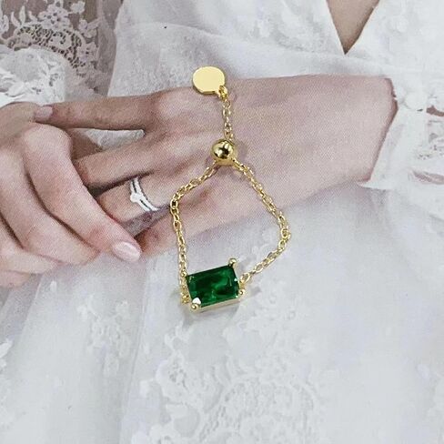 Kokoma Green Crystal Sterling Silver Ring for Girls Women Cubic Zirconia Square Diamond Link Chain Stacking Ring Dangling Charm Coin Statement Rings Adjustable Finger Band, Crystal, Cubic Zirconia in Saudi Arabia