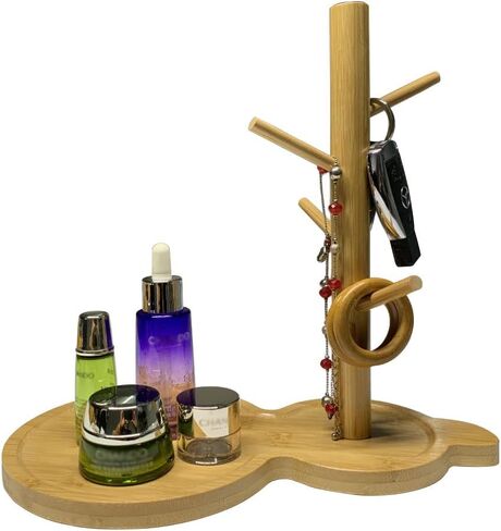 Sutfmwe صينية المجوهرات صينية المفاتيح لطاولة المدخل، حامل شجرة الطبق الدائري، صينية الغرور المصنوعة من الخيزران مع 4 منظم تعليق للخواتم والأساور والقلائد والحلي وما إلى ذلك. in Kuwait