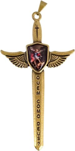 Saint Michael Sword Pendant | 3" Tall | Quem Como Deus | Patron Saint of Police and Soldiers | Great Catholic Gift for First Holy Communion and Confirmation in Saudi Arabia