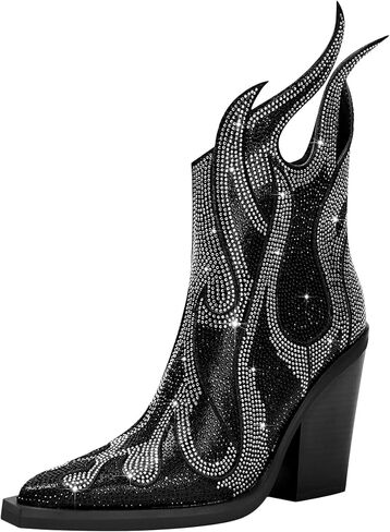 Feinlina Women's Rhinestone Flame Pointed Toe Block Chunky Heeled Boots Fashion Sparkly Cowboy Ankle Booties in Kuwait