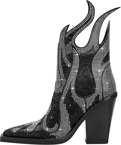 Feinlina Women's Rhinestone Flame Pointed Toe Block Chunky Heeled Boots Fashion Sparkly Cowboy Ankle Booties in Kuwait