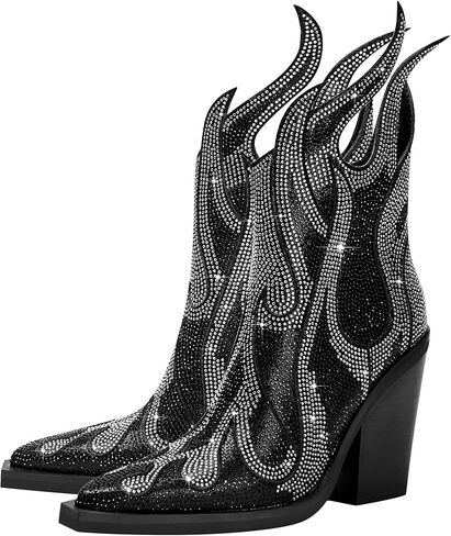 Feinlina Women's Rhinestone Flame Pointed Toe Block Chunky Heeled Boots Fashion Sparkly Cowboy Ankle Booties in Kuwait