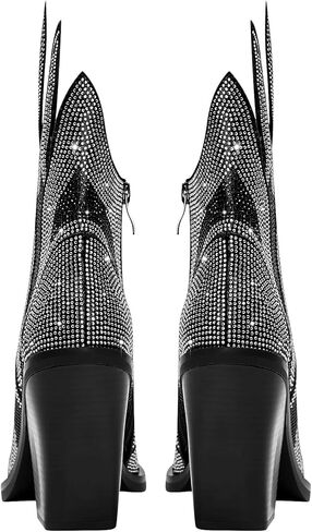 Feinlina Women's Rhinestone Flame Pointed Toe Block Chunky Heeled Boots Fashion Sparkly Cowboy Ankle Booties in Kuwait