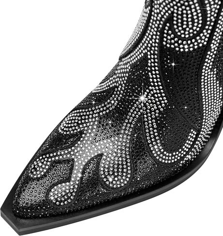 Feinlina Women's Rhinestone Flame Pointed Toe Block Chunky Heeled Boots Fashion Sparkly Cowboy Ankle Booties in Kuwait