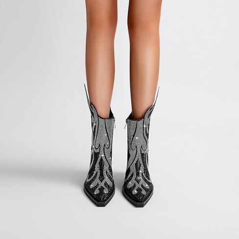 Feinlina Women's Rhinestone Flame Pointed Toe Block Chunky Heeled Boots Fashion Sparkly Cowboy Ankle Booties in Kuwait