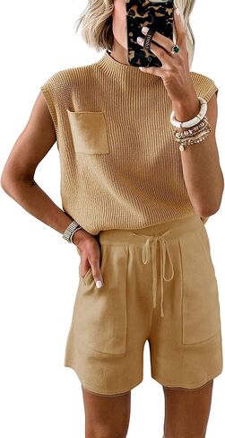 Athlisan Womens Two Piece Outfits Sweater Sets Knit Pullover Tops and High Waisted Short Pants Lounge Sets in Kuwait