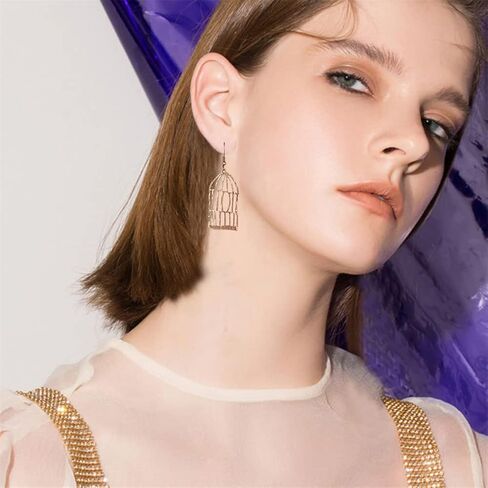 DIYANMMY Unique Personalized Hollow Bronze Asymmetric Bird Cage Dangle Drop Earrings for Women Girls Vintage Bohemian Hypoallergenic Jewelry in Saudi Arabia