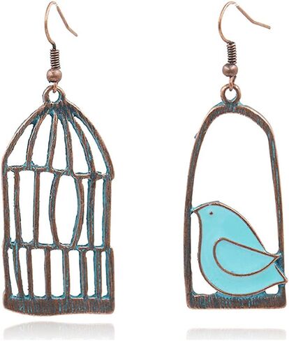 DIYANMMY Unique Personalized Hollow Bronze Asymmetric Bird Cage Dangle Drop Earrings for Women Girls Vintage Bohemian Hypoallergenic Jewelry in Saudi Arabia