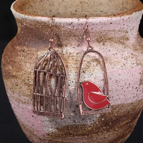 DIYANMMY Unique Personalized Hollow Bronze Asymmetric Bird Cage Dangle Drop Earrings for Women Girls Vintage Bohemian Hypoallergenic Jewelry in Saudi Arabia