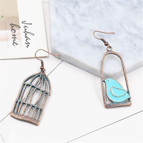 DIYANMMY Unique Personalized Hollow Bronze Asymmetric Bird Cage Dangle Drop Earrings for Women Girls Vintage Bohemian Hypoallergenic Jewelry in Saudi Arabia