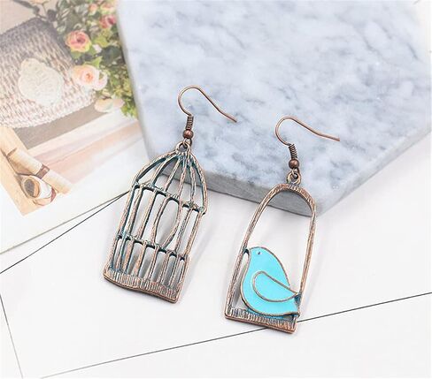 DIYANMMY Unique Personalized Hollow Bronze Asymmetric Bird Cage Dangle Drop Earrings for Women Girls Vintage Bohemian Hypoallergenic Jewelry in Saudi Arabia