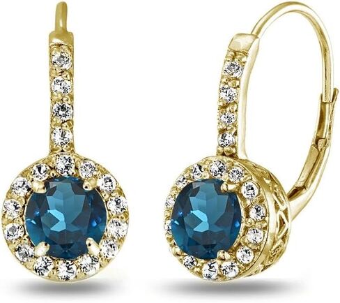 Sterling Silver London Blue Topaz & White Topaz Round Dainty Halo Leverback Drop Earrings for Women Girls in Kuwait