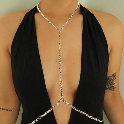 Blindery Sexy Body Chains Rhinestone Body Jewelry Shiny Crystal Chest Chain Sparkling Necklace Party for Women and Girls in Saudi Arabia