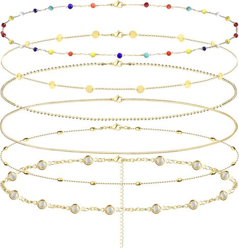 FIASASO 6 قطعة سلسلة الخصر 18K مطلية بالذهب سلسلة البطن للنساء قابل للتعديل حجر الراين حبة بيكيني الجسم سلسلة مجوهرات للشاطئ الصيف in Kuwait