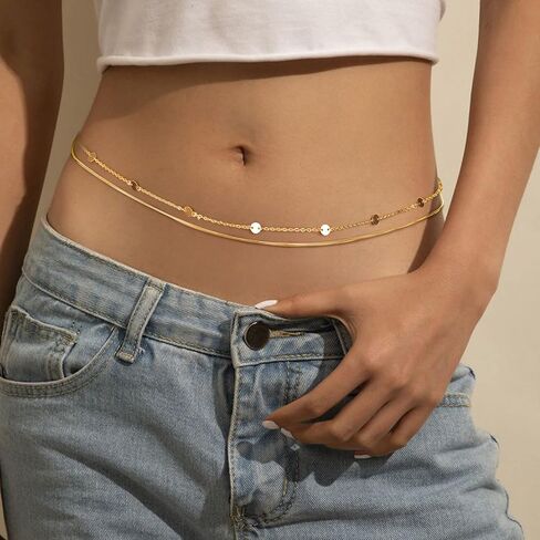FIASASO 6 قطعة سلسلة الخصر 18K مطلية بالذهب سلسلة البطن للنساء قابل للتعديل حجر الراين حبة بيكيني الجسم سلسلة مجوهرات للشاطئ الصيف in Kuwait