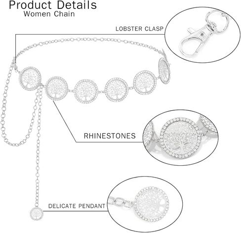 أحزمة سلسلة من حجر الراين Navoky للنساء سلسلة شجرة الحياة لفستان الجينز المعدني وسلسلة الخصر وإكسسوارات المجوهرات in Kuwait