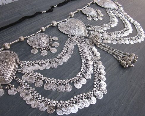 التصميم الأصلي من إنديستوب - حزام ربط للعملة القبلية الأمريكية للرقص - تنورة زي الرقص تنورة الورك وشاح التفاف الخصر المجوهرات الزخرفية - اكسسوارات أزياء المرأة البوهيمية Gypsy Hippie Boho in Kuwait