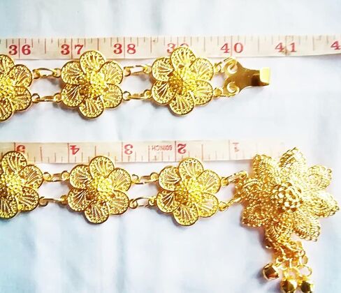 بون باند حزام مطلي بالذهب بنمط ياسمين فينتاج تايلاندي للنساء، فستان زفاف تقليدي بسلسلة عصرية للرقص التايلاندية بطول 40-41 انش، قطعة واحدة، ذهبي، الطول 40 انش/ 102 سم., ذهبي in Kuwait