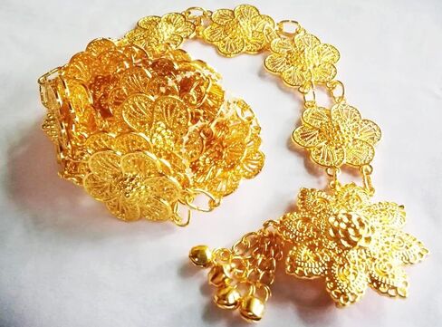 بون باند حزام مطلي بالذهب بنمط ياسمين فينتاج تايلاندي للنساء، فستان زفاف تقليدي بسلسلة عصرية للرقص التايلاندية بطول 40-41 انش، قطعة واحدة، ذهبي، الطول 40 انش/ 102 سم., ذهبي in Kuwait