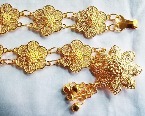 بون باند حزام مطلي بالذهب بنمط ياسمين فينتاج تايلاندي للنساء، فستان زفاف تقليدي بسلسلة عصرية للرقص التايلاندية بطول 40-41 انش، قطعة واحدة، ذهبي، الطول 40 انش/ 102 سم., ذهبي in Kuwait