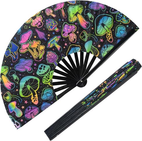 ERDOGLY Large Rave Hand Fan, UV Glow Rave Folding Fan, Festival Handheld Clack Fan for Men/Women, Mushrooms Fabric Folding Fan for Party, Music, EDM, Drag Queene Dance Performance Decoration Gift in Kuwait