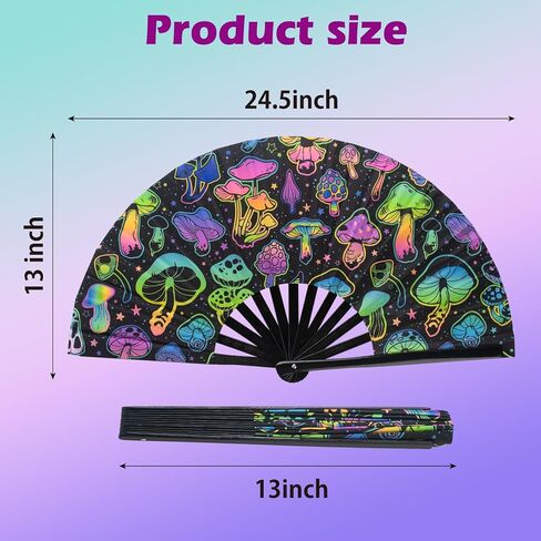 ERDOGLY Large Rave Hand Fan, UV Glow Rave Folding Fan, Festival Handheld Clack Fan for Men/Women, Mushrooms Fabric Folding Fan for Party, Music, EDM, Drag Queene Dance Performance Decoration Gift in Kuwait