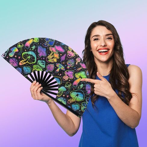 ERDOGLY Large Rave Hand Fan, UV Glow Rave Folding Fan, Festival Handheld Clack Fan for Men/Women, Mushrooms Fabric Folding Fan for Party, Music, EDM, Drag Queene Dance Performance Decoration Gift in Kuwait