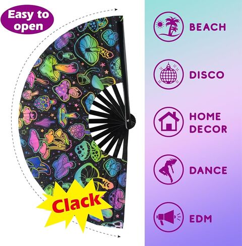 ERDOGLY Large Rave Hand Fan, UV Glow Rave Folding Fan, Festival Handheld Clack Fan for Men/Women, Mushrooms Fabric Folding Fan for Party, Music, EDM, Drag Queene Dance Performance Decoration Gift in Kuwait