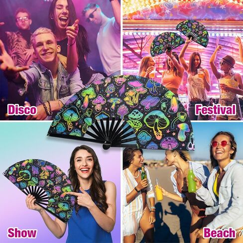 ERDOGLY Large Rave Hand Fan, UV Glow Rave Folding Fan, Festival Handheld Clack Fan for Men/Women, Mushrooms Fabric Folding Fan for Party, Music, EDM, Drag Queene Dance Performance Decoration Gift in Kuwait