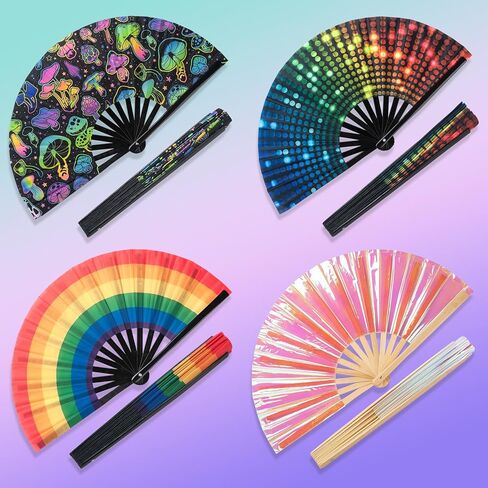 ERDOGLY Large Rave Hand Fan, UV Glow Rave Folding Fan, Festival Handheld Clack Fan for Men/Women, Mushrooms Fabric Folding Fan for Party, Music, EDM, Drag Queene Dance Performance Decoration Gift in Kuwait