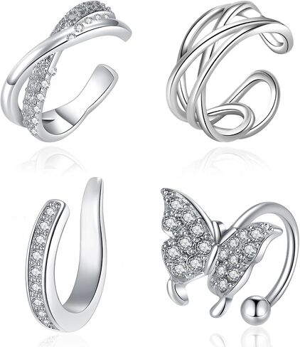 Besyvvin 4pcs Ear Cuff for Women Stainless Steel Fake Non Piercing Clips on Helix Cartilage Earrings with Cross CZ Butterfly in Saudi Arabia