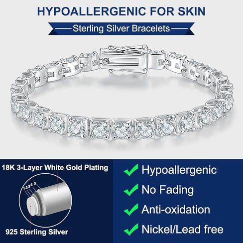 Gem's Beauty Moissanite سوار تنس للنساء والرجال والفتيات هدايا عيد الميلاد 2-6.5 مم D اللون VVS1 سوار تنس ألماس دائري 18 قيراط مطلي بالذهب الأبيض 925 سوار تنس من الفضة الاسترليني للنساء in Kuwait