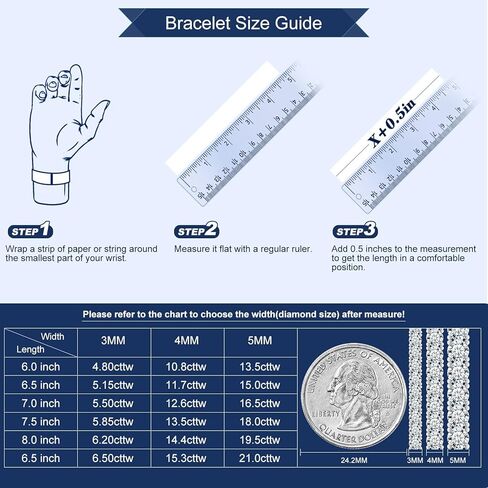 Gem's Beauty Moissanite سوار تنس للنساء والرجال والفتيات هدايا عيد الميلاد 2-6.5 مم D اللون VVS1 سوار تنس ألماس دائري 18 قيراط مطلي بالذهب الأبيض 925 سوار تنس من الفضة الاسترليني للنساء in Kuwait