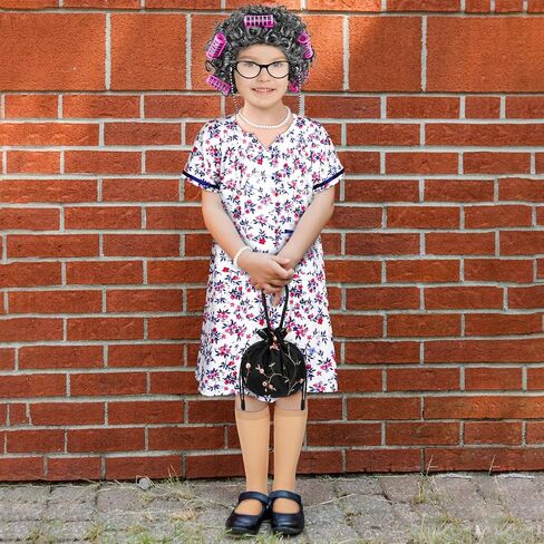 AOTHSO 9 Pieces 100 Days of School Toddler Old Lady Costume Kids Girl Grandma Dress Granny Costume Dress Up Outfit Cosplay in Kuwait