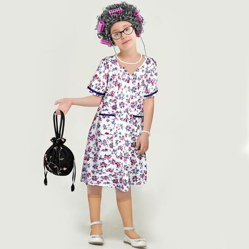 AOTHSO 9 Pieces 100 Days of School Toddler Old Lady Costume Kids Girl Grandma Dress Granny Costume Dress Up Outfit Cosplay in Kuwait