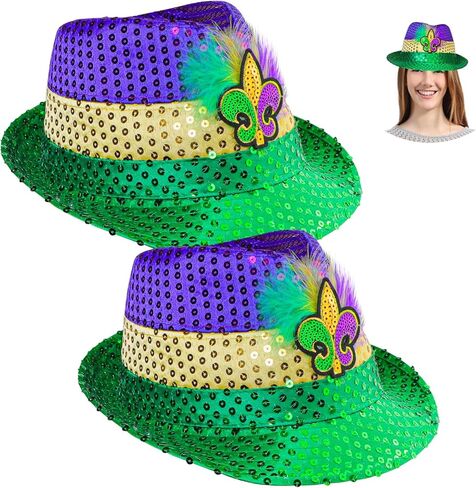 Edussy 2pcs Mardi Gras Hat - Mardi Gras Accessories with Sparkling Sequins Fedora Hats Classic Color Design Costume Outfit for Men and Women in Kuwait
