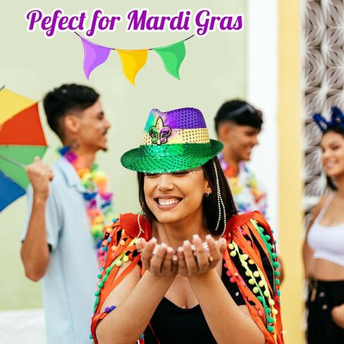 Edussy 2pcs Mardi Gras Hat - Mardi Gras Accessories with Sparkling Sequins Fedora Hats Classic Color Design Costume Outfit for Men and Women in Kuwait