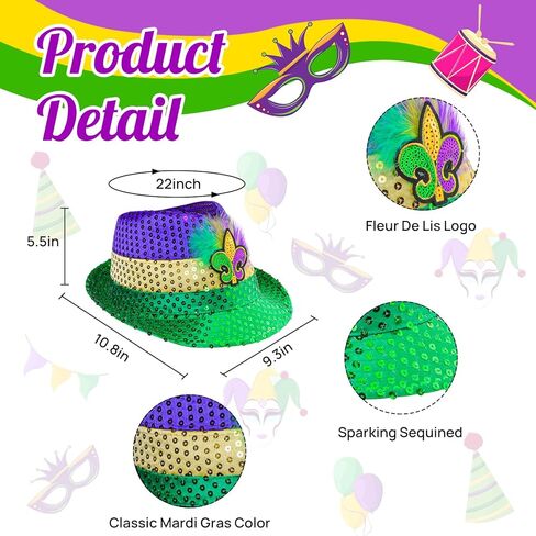 Edussy 2pcs Mardi Gras Hat - Mardi Gras Accessories with Sparkling Sequins Fedora Hats Classic Color Design Costume Outfit for Men and Women in Kuwait